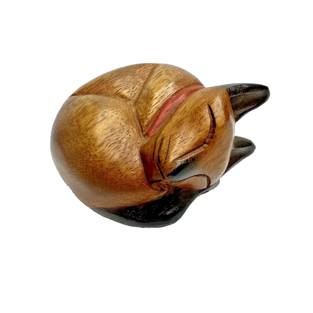 Wooden Siamese Cat Fox Figure Curled Up Sleeping Hand Carved Folk Art Rustic VTG